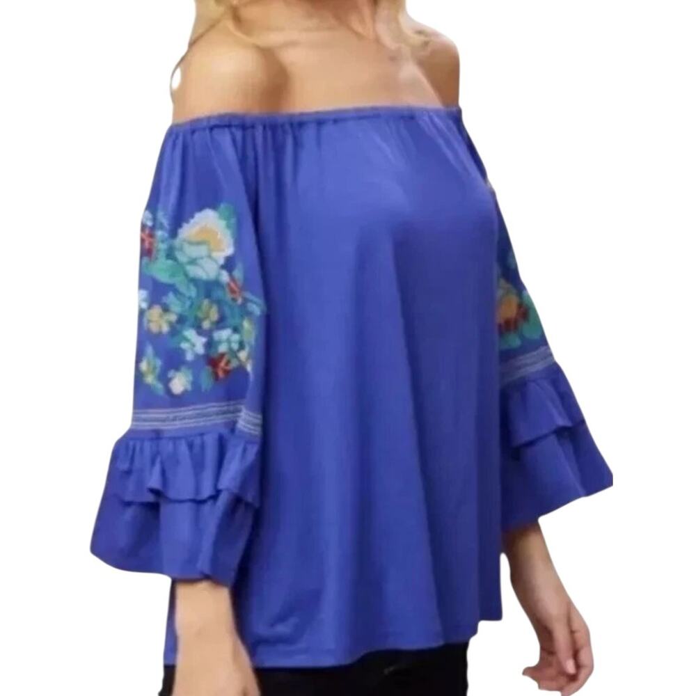 Altar’d‎ State Blue Boho Embroidered Floral Off the Shoulder Top SZ M Flowy